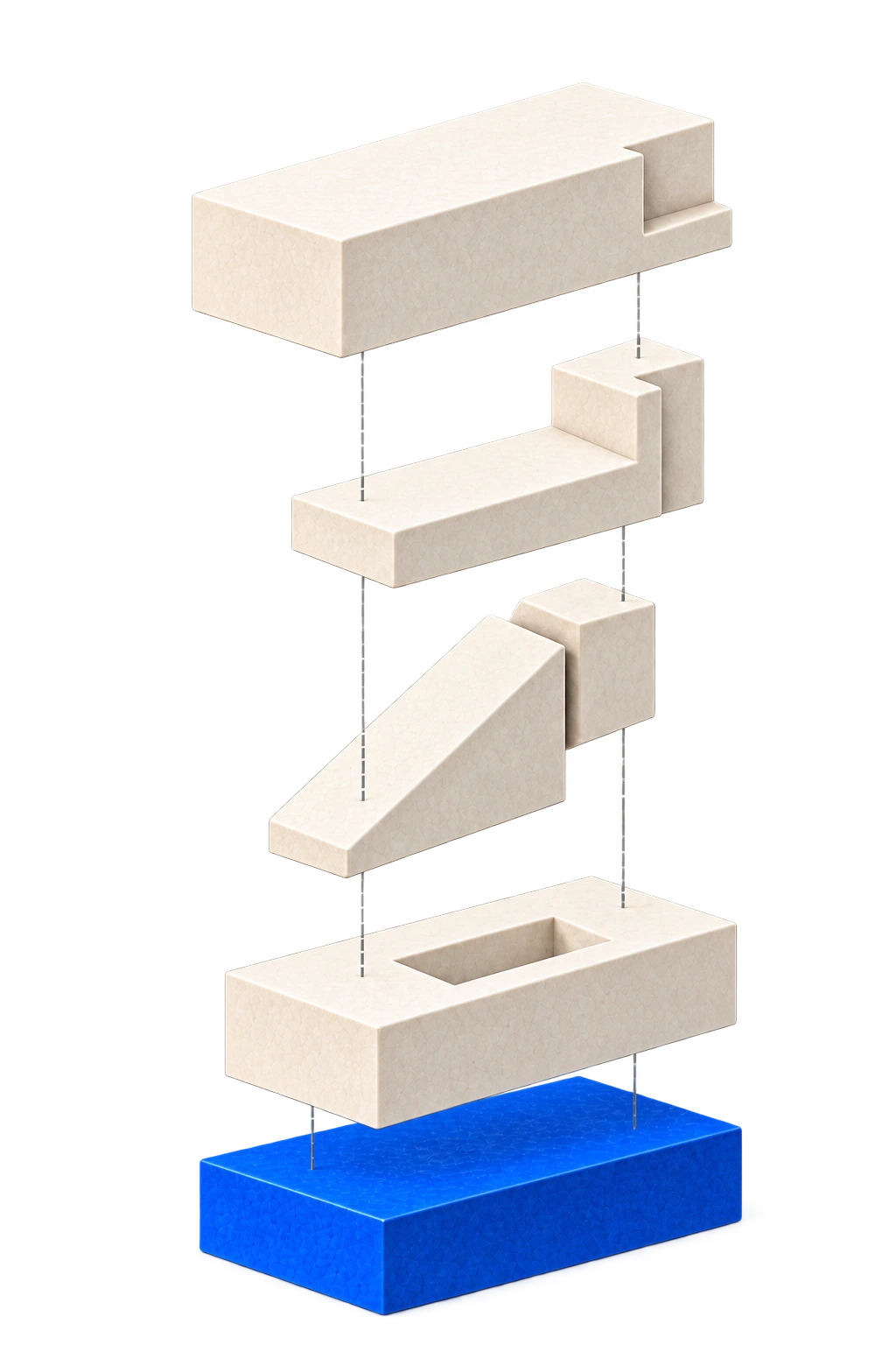 Five architectural components in an exploded assembly, ending with a blue launch foundation