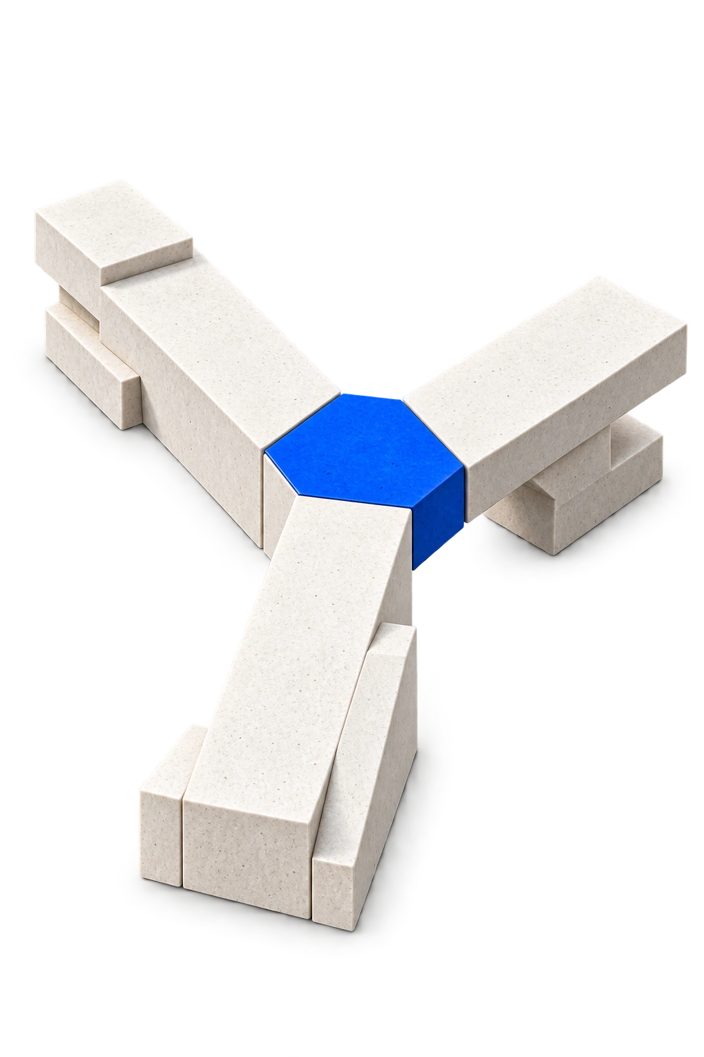 Three limestone pathways meeting at one blue shared connection